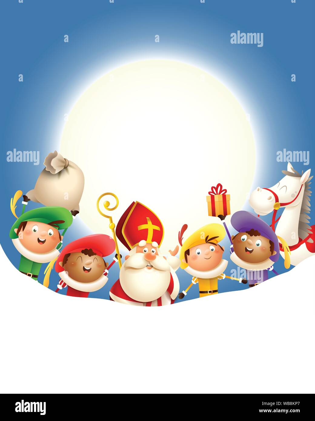 Saint Nicolas et ses amis de célébrer en face de lune - Fond bleu avec copie espace Illustration de Vecteur Saint Nicolas et ses amis de célébrer en face de lune - Fond bleu avec copie espace Illustration de Vecteur