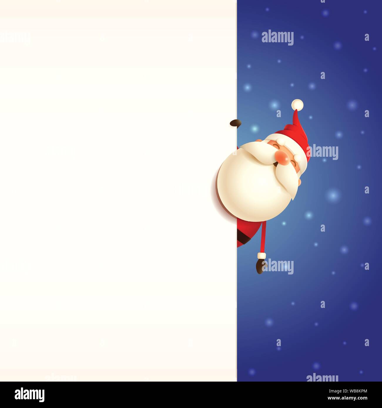Modèle de carte de Noël avec le Père Noël peeking derrière conseil d'sur fond de neige bleu Illustration de Vecteur