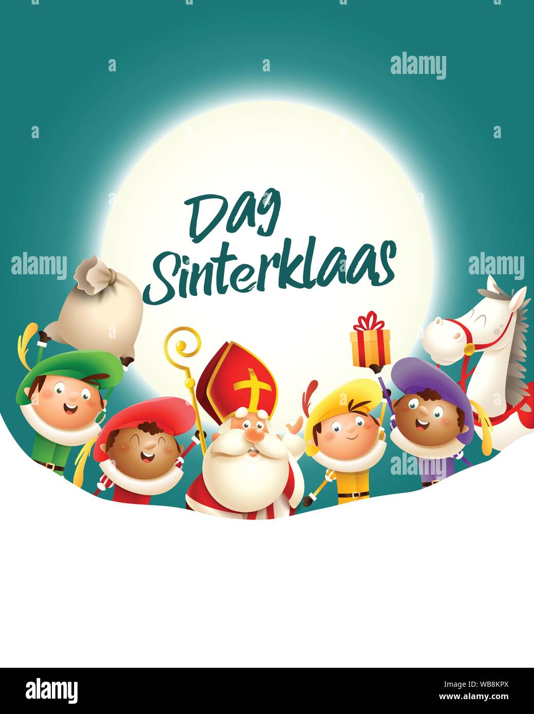 Saint Nicolas et ses amis de célébrer en face de lune - Dag texte Sinterklaas - fond bleu turquoise with copy space Illustration de Vecteur Saint Nicolas et ses amis de célébrer en face de lune - Dag texte Sinterklaas - fond bleu turquoise with copy space Illustration de Vecteur