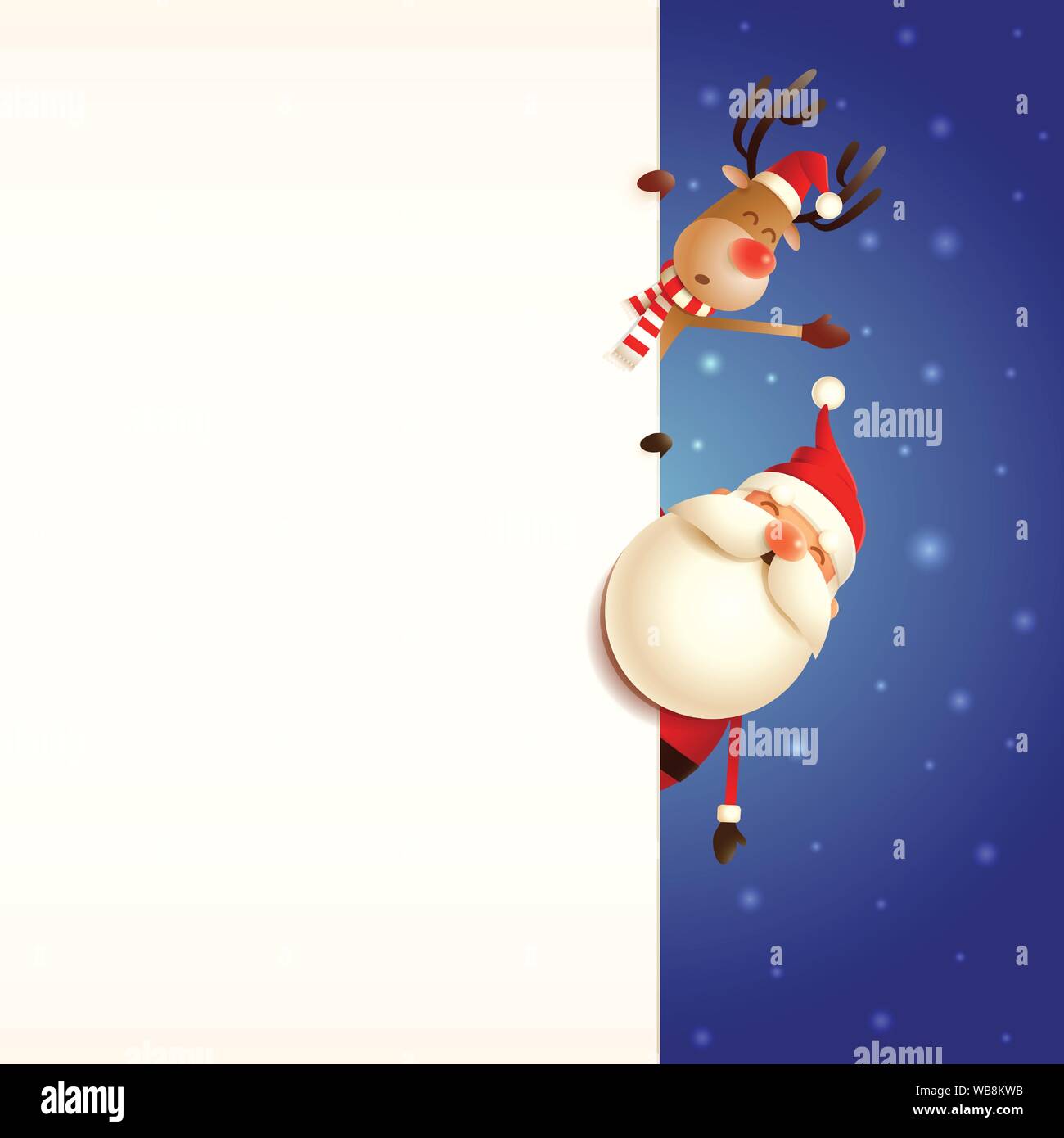 Modèle de carte de Noël avec le Père Noël et Renne peeking derrière conseil d'sur fond de neige bleu Illustration de Vecteur