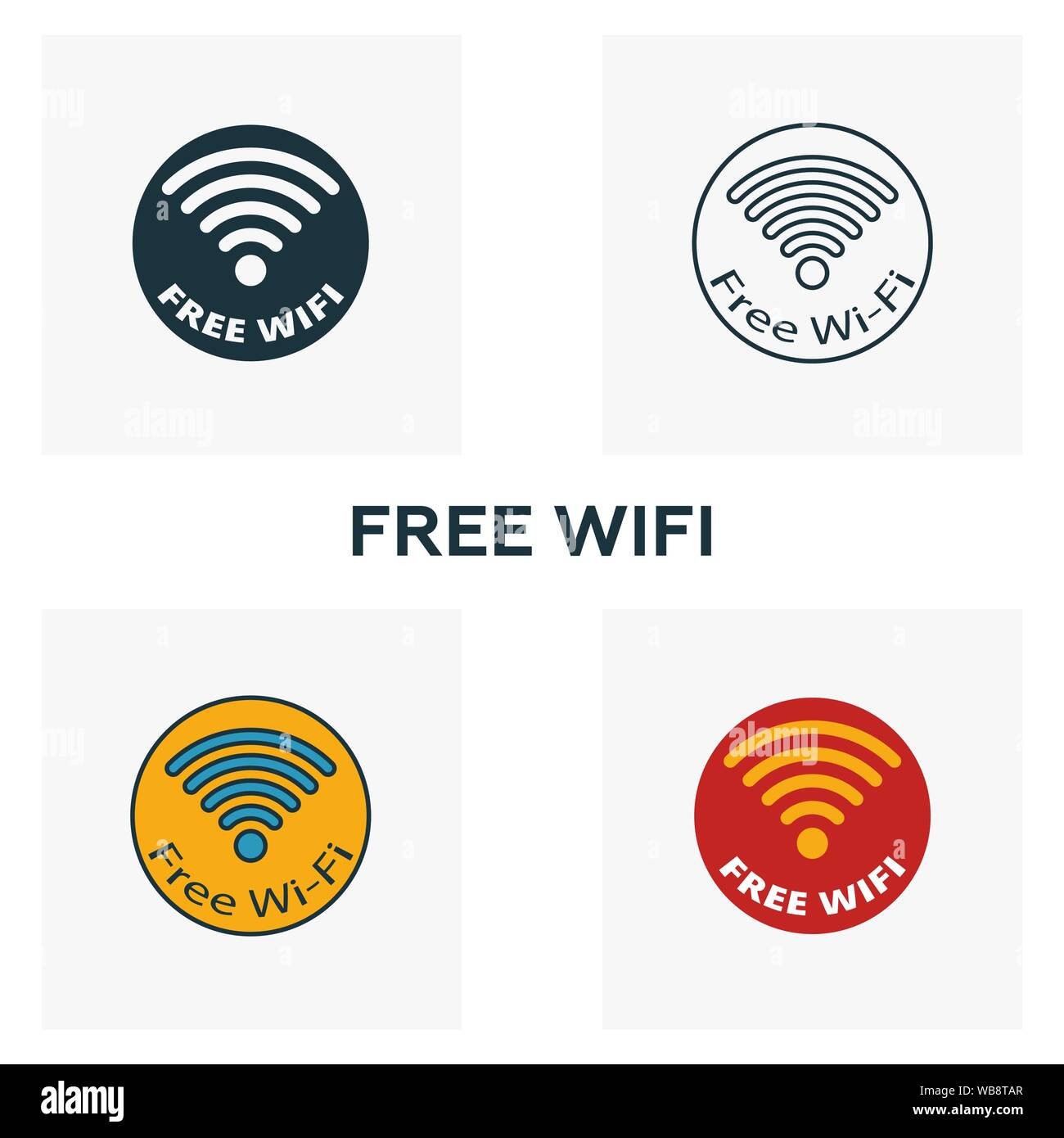 Connexion Wi-Fi gratuite icon set. Quatre éléments dans diférents styles à partir d'icônes de l'aéroport de collection. Connexion Wi-Fi gratuite créative rempli d'icônes de couleur, contours, symboles et télévision Illustration de Vecteur