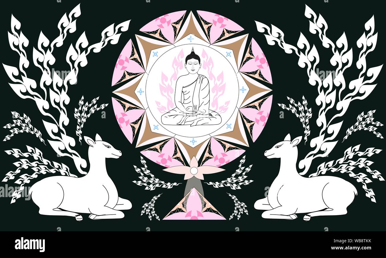 Vector Illustration de style thaïlandais de Bouddha assis dans Dharmachakra et cerfs de Visakha Puja Makha Puja ou jour jour - Bouddhisme Bouddha pacifique concept Illustration de Vecteur