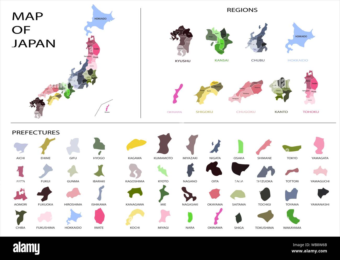 Japon - vecteur graphique carte des régions isolées et séparées pour les provinces préfecture ou le travail de conception graphique et de la géographie de l'éducation infos Illustration de Vecteur