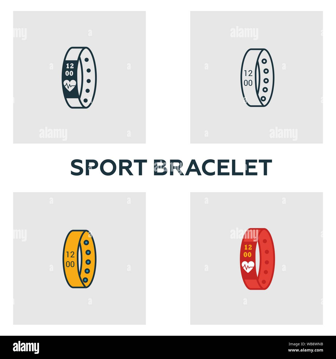 Bracelet Sport icon set. Quatre éléments dans diférents styles à partir d'icônes de l'appareil visuel collection. Bracelet sport créatif rempli d'icônes de couleur, Contours, Illustration de Vecteur