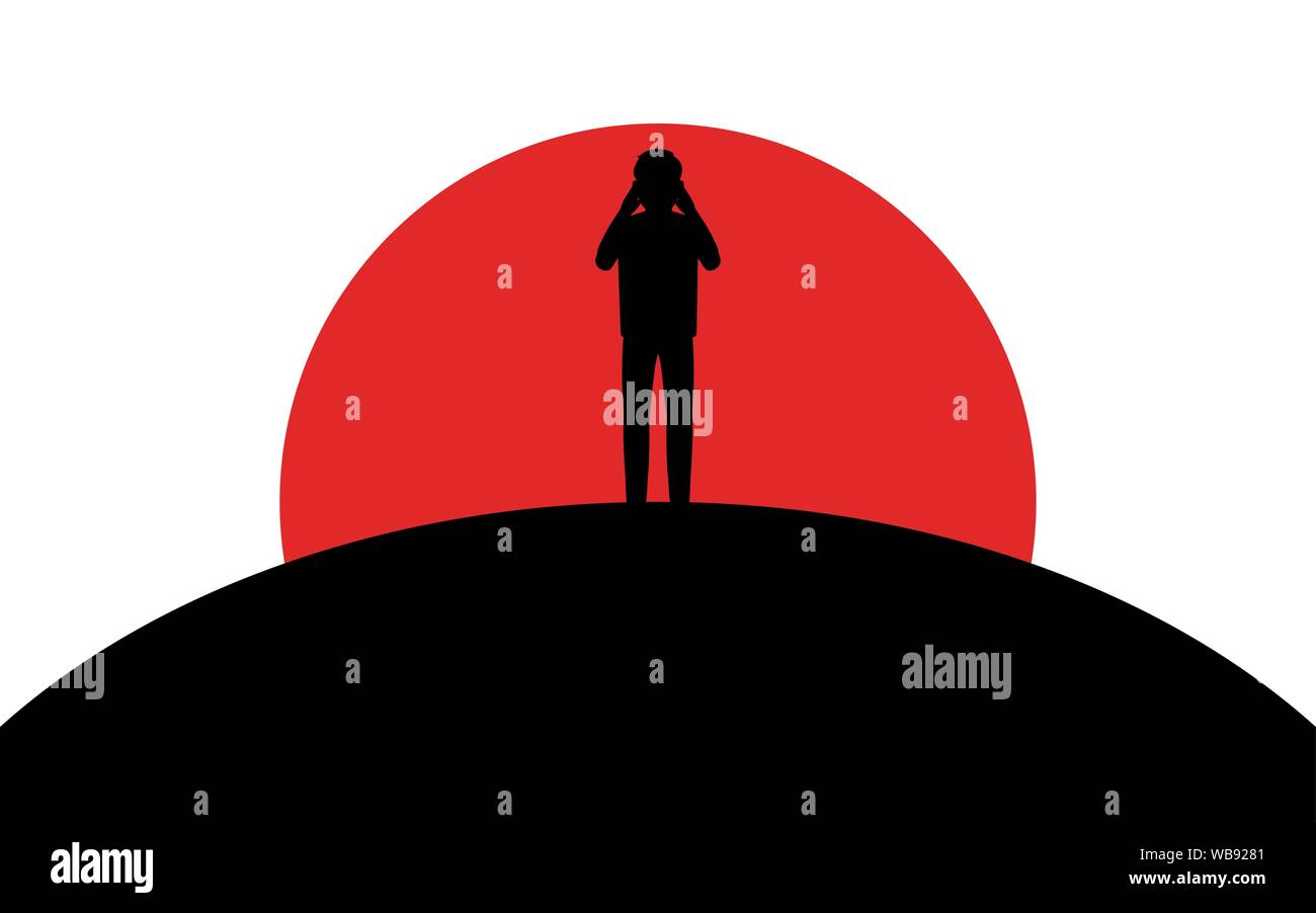 Un homme détient ses mains derrière sa tête, un mec se dresse sur une colline, coucher de soleil, silhouette art image, vecteur illustration isolé sur fond blanc Illustration de Vecteur