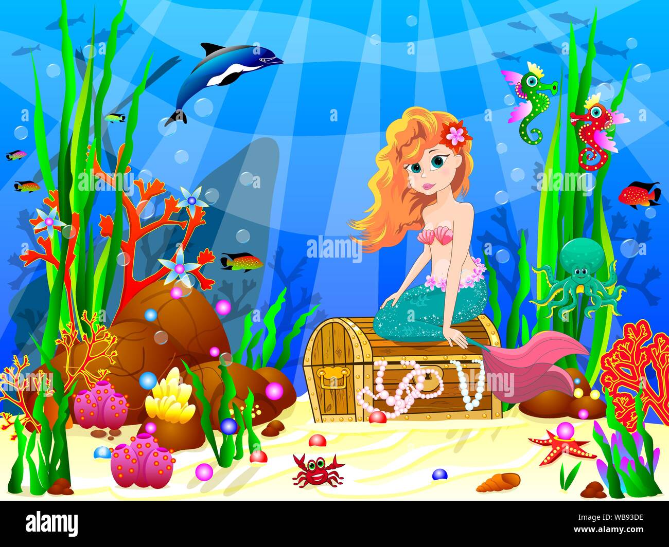 La petite sirène sous l'eau parmi les créatures de la mer et des plantes. Sirène est assis sur un coffre au trésor. Illustration de Vecteur
