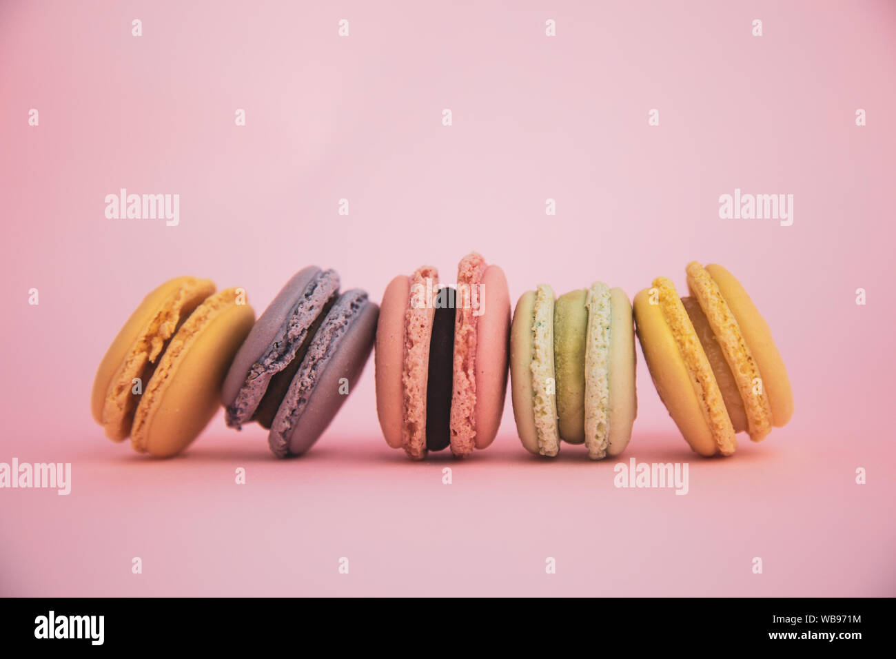 Lineup d'un assortiment de macarons français sur fond rose Banque D'Images