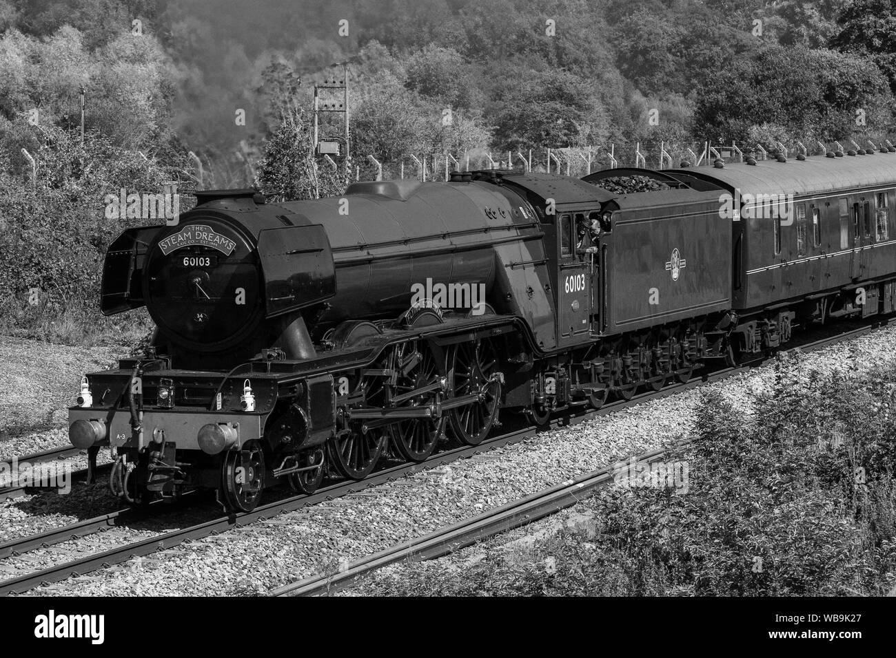 Classe A3 4472 LNER Flying Scotsman se déplaçant dans l'Ouest campagne du Berkshire le dimanche 25 août 2019 Banque D'Images