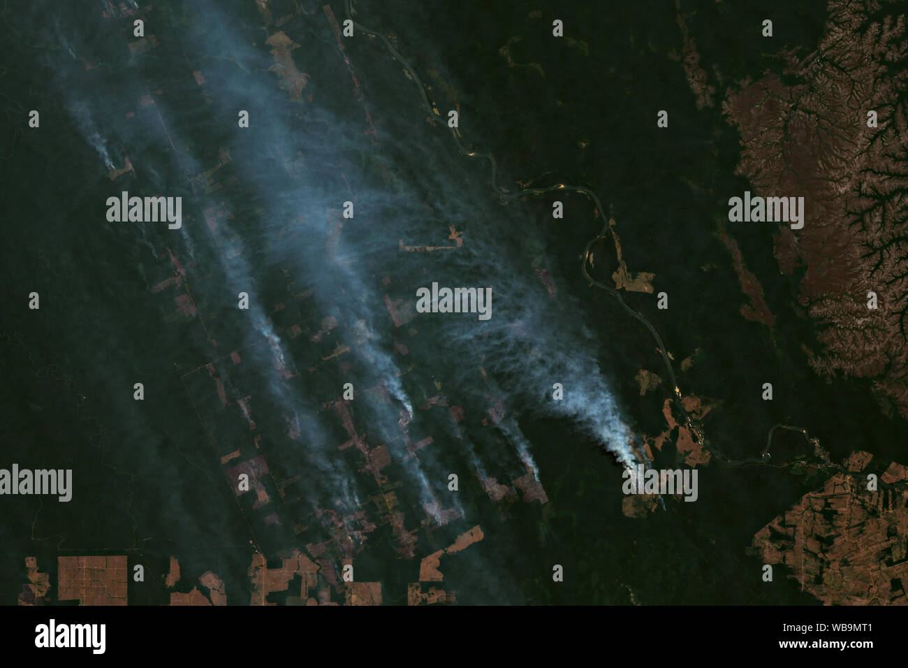 Les incendies et le déboisement des modèles dans la forêt amazonienne en août 2019 dans la région de Rondônia au Brésil - contient des données Sentinel Copernicus modifiés (2019) Banque D'Images