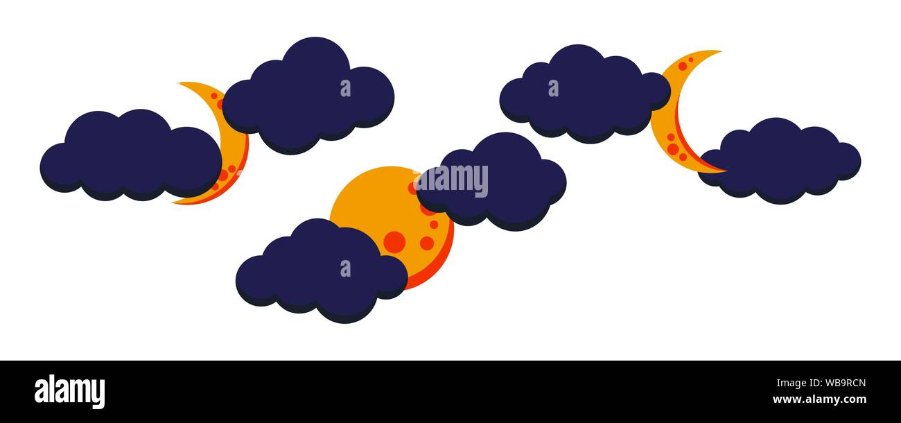 Ensemble de nuit lune nuageux colorés plein icône, la baisse de croissance, lune. Illustration de Vecteur