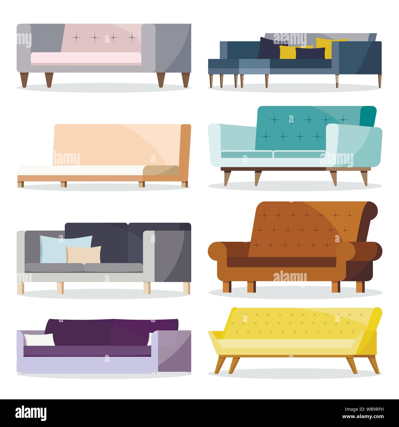 Couleur isolé de forme différente et d'un canapé en cuir souple avec coussin icon set. Illustration de Vecteur