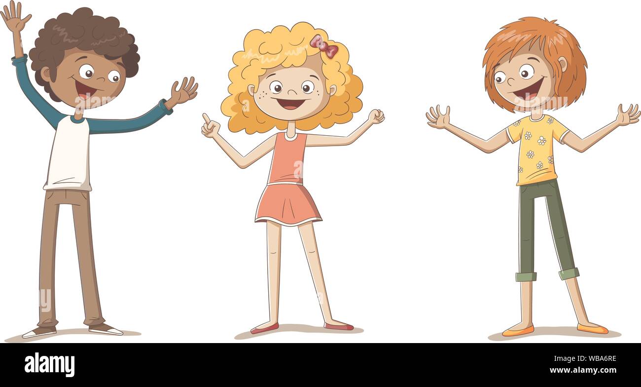 Trois enfants heureux. Funny cartoon caractère dessiné à la main. Chacun sur un calque différent. Illustration de Vecteur