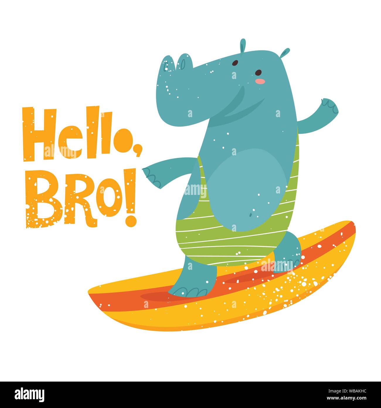 Surf mignon hippo image vectorielle avec lettrage Illustration de Vecteur