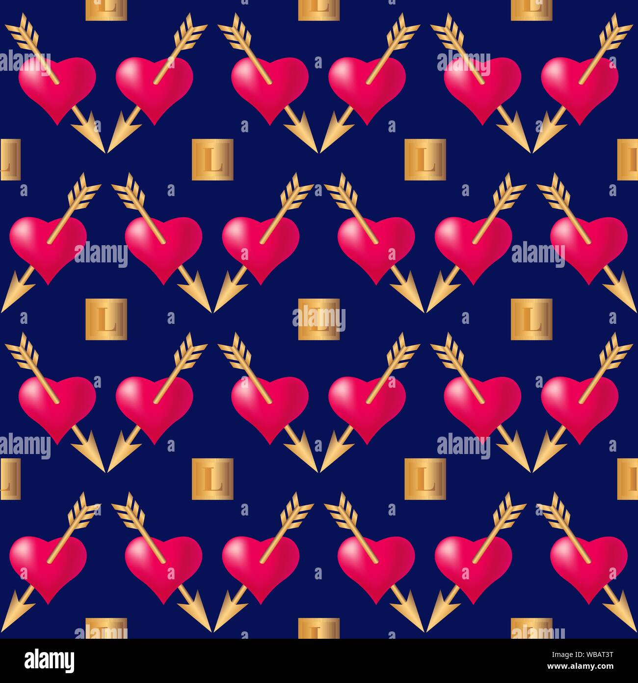Motif de fond transparent avec des coeurs percés de flèches d'or. Valentines Day holidays typographie. Vector EPS10. Illustration de Vecteur