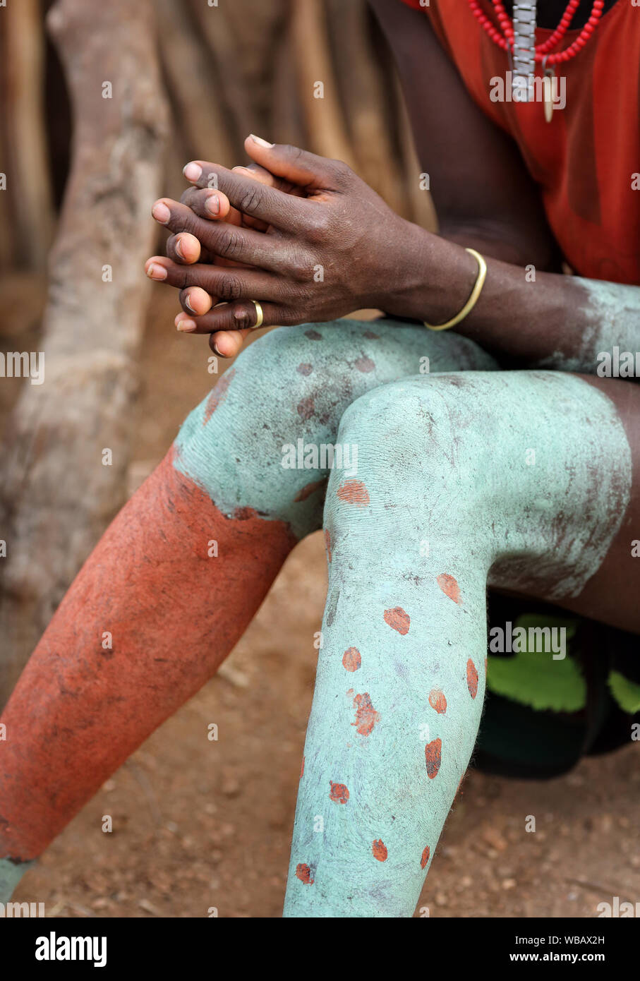 Hamer warrior en basse vallée de l'Omo, en Ethiopie. Un programme de réinstallation en cours menace les tribus dans le sud de l'Ethiopie Banque D'Images