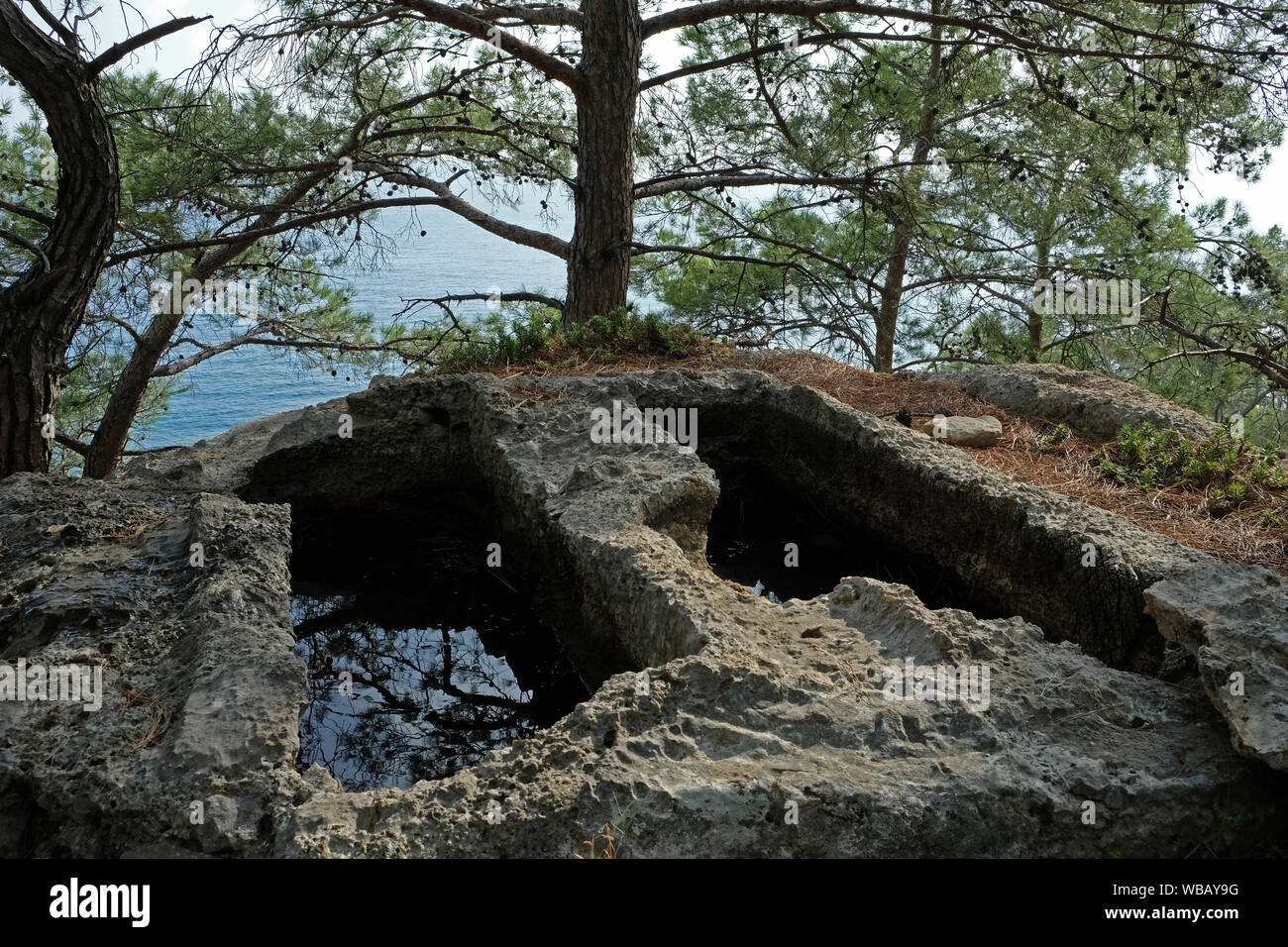 Anciennes tombes taillées dans la roche naturelle dans la ville antique de Phaselis Banque D'Images