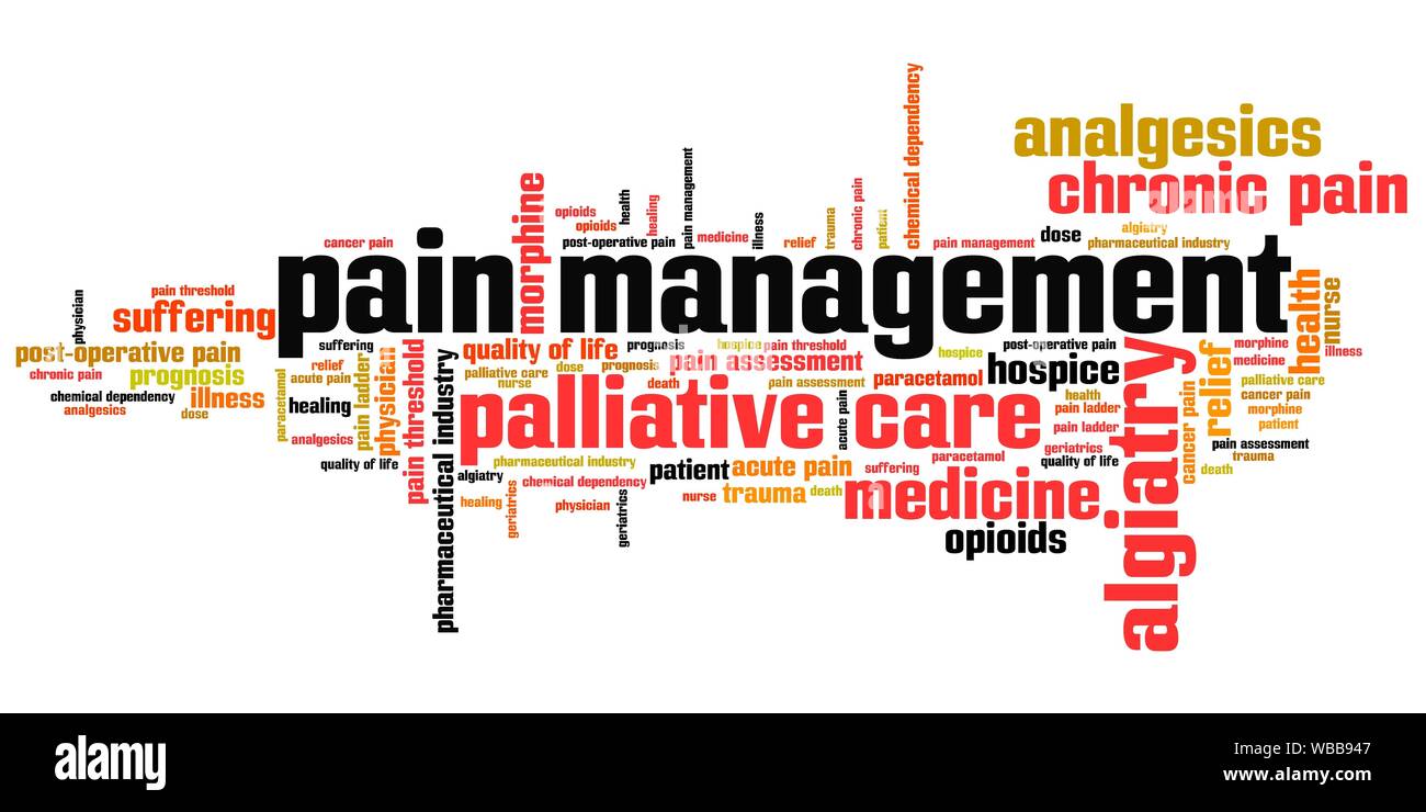 La gestion de la douleur et soins palliatifs et Nuage de mots concepts illustration. Collage mot concept. Banque D'Images