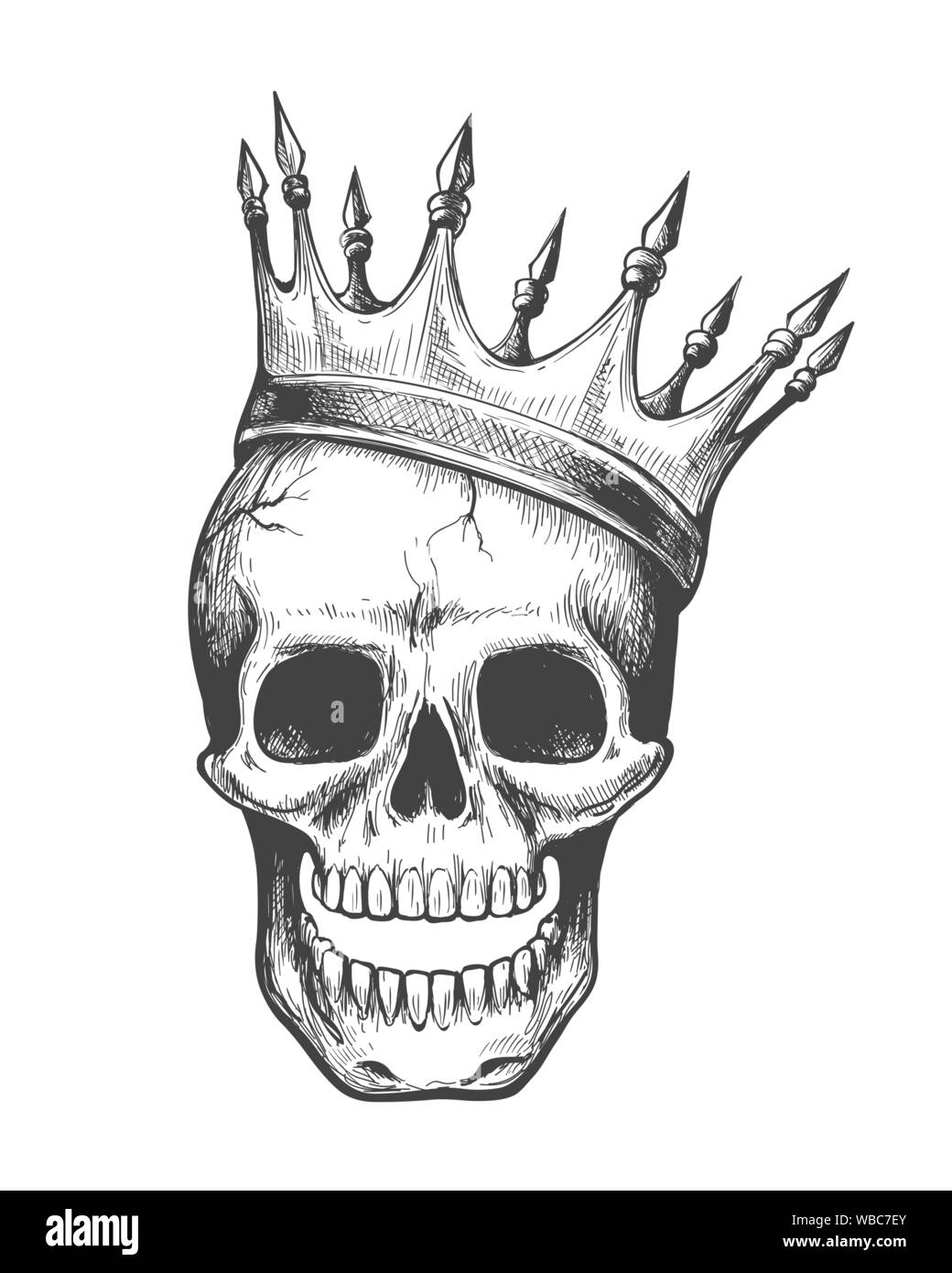 Roi du crâne. Le mal dans l'encre de la couronne, style vector illustration graphique d'horreur couronnement dead head, la guerre face à l'emblème de l'image tatouage on white Illustration de Vecteur