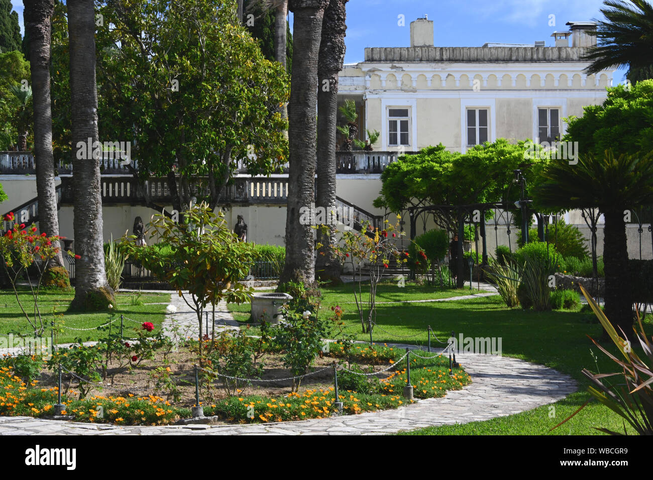 Vue sur le Palais de l''Achilleion, Corfou Banque D'Images