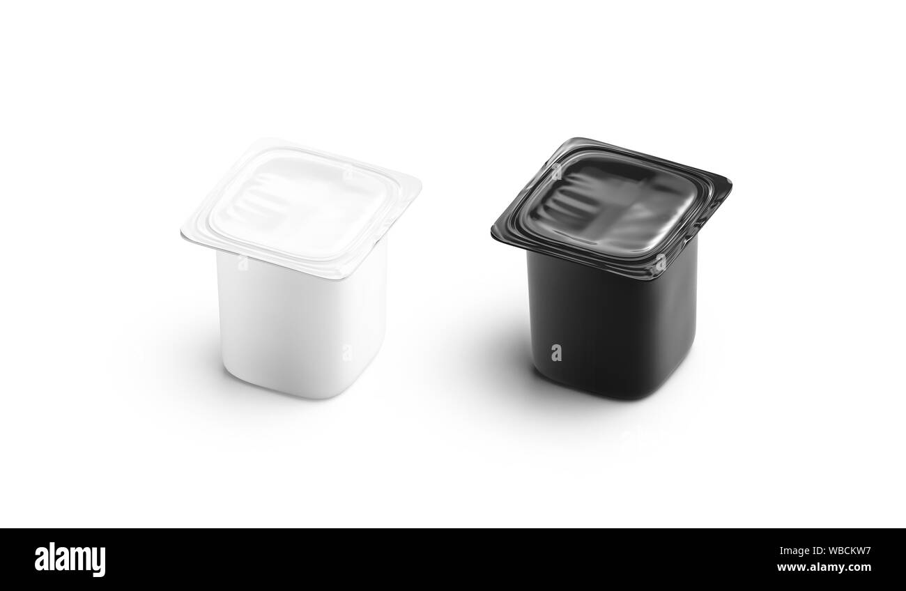 Boîte de yaourt vierge noir et blanc avec couvercle en aluminium Banque D'Images