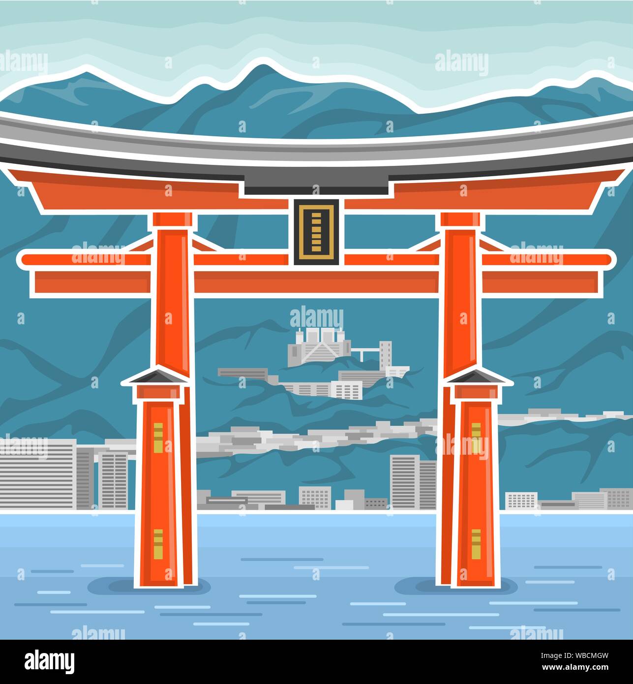L'affiche de vecteur symbole avec le Japon - japonais Torii, composition du monument national d'Itsukushima torii gate sacré sur fond de mer et montagne Illustration de Vecteur