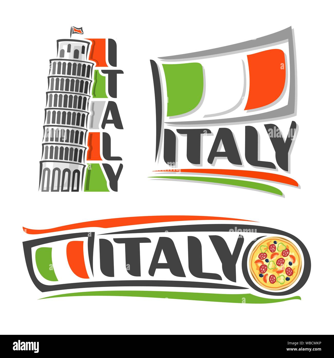 Vector illustration du logo pour l'Italie l'architecture, composée de trois illustrations isolées avec l'état national drapeau italien, tour de Pise Illustration de Vecteur