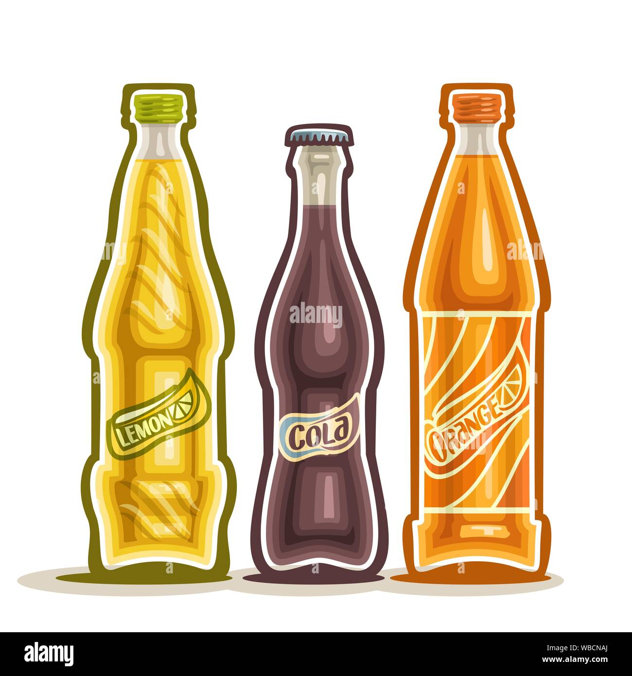 Vector illustration sur le thème des boissons gazeuses, composé de trois bouteilles en verre fermé avec boissons soda sur fond blanc. set de bouteilles fo Illustration de Vecteur