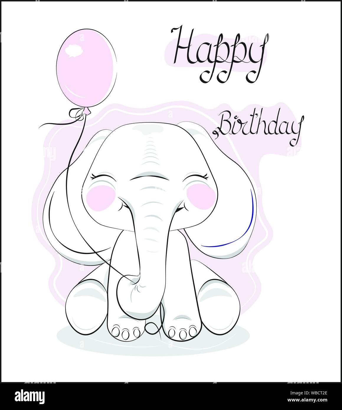 La charmante appelée baby elephant calf, aveuglément, avec ballon, happy birthday card Illustration de Vecteur