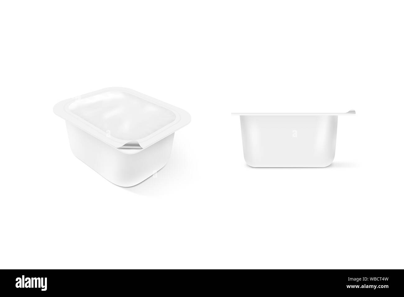 Support de maquette de conteneur en plastique blanc vierge à sauce isolé. Unités de stockage Banque D'Images