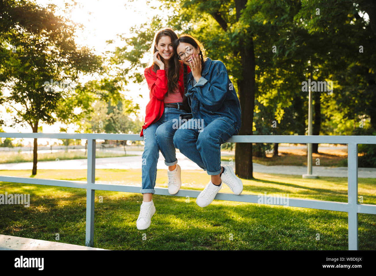 Image de deux élèves filles joyeux et souriant hugging while sitting on railing in green park Banque D'Images