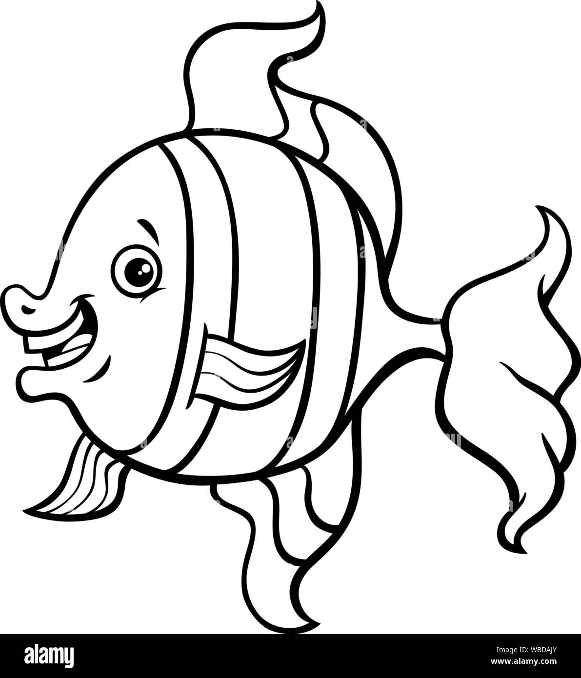 Illustration Cartoon noir et blanc de Funny poisson tropical Sea Life personnage animal Page à colorier Illustration de Vecteur