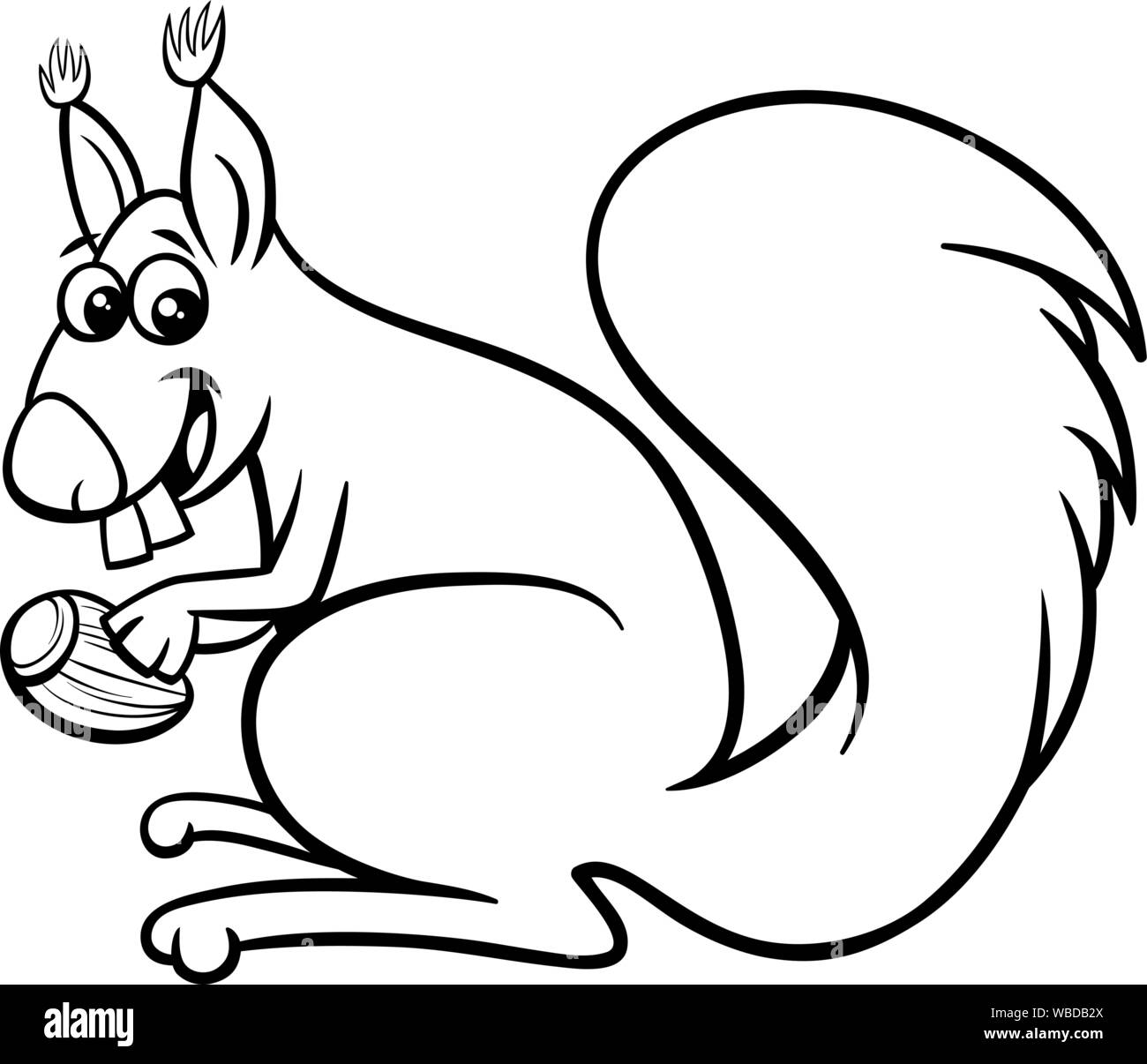 Cartoon noir et blanc Illustration d'Écureuil drôle personnage animal rongeur avec Acorn Page à colorier Illustration de Vecteur