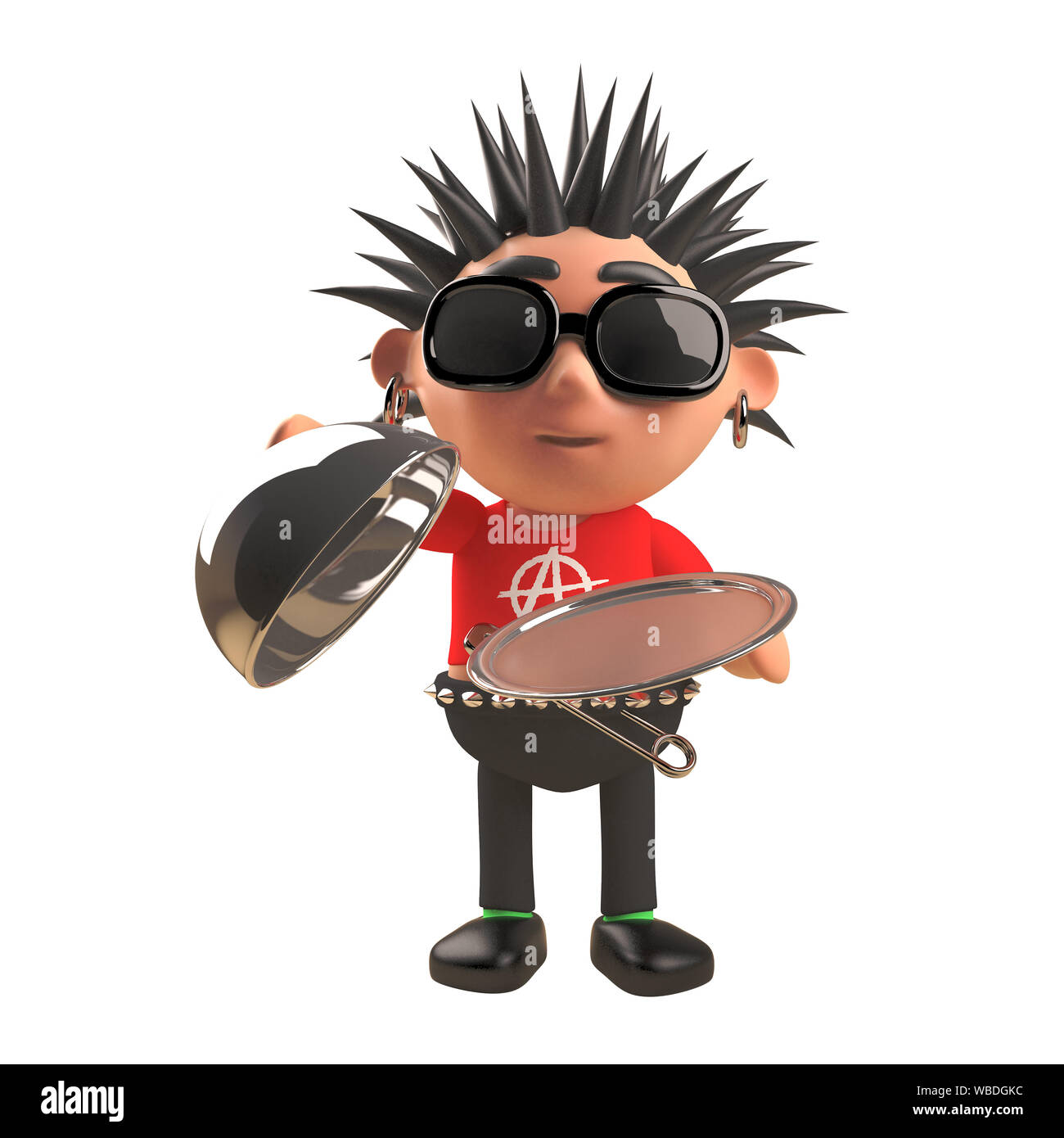 Punk rock 3d personnage tenant un plateau de service en argent et couvercle, illustration 3D render Banque D'Images