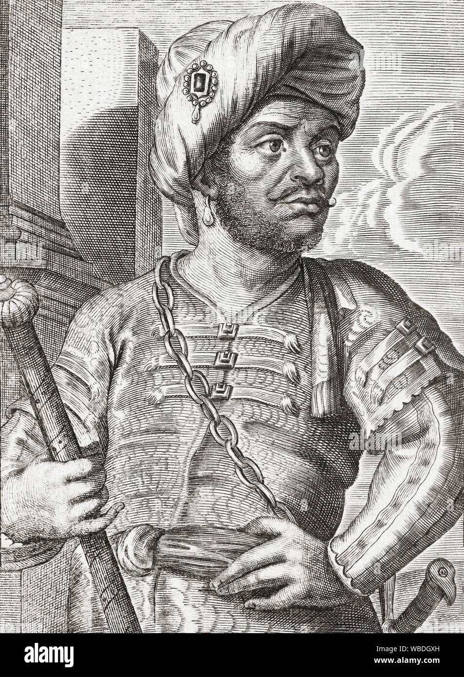 Mulai, Ar-rasheed Ar-rasheed nom complet Ben Ali Al-Charif, 1631-1672. Le sultan du Maroc. Souvent appelé en Angleterre comme Tafilletta. Après un travail du 17ème siècle par Adriaen Lommelin. Banque D'Images