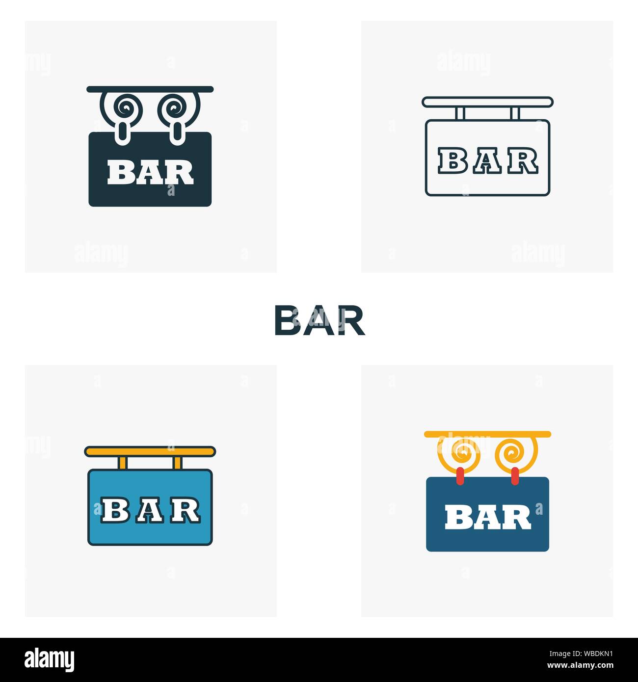 Bar Sign icon set. Quatre éléments dans diférents styles du bar et restaurant icons collection. Creative bar inscription rempli d'icônes, de contours et de couleur Illustration de Vecteur