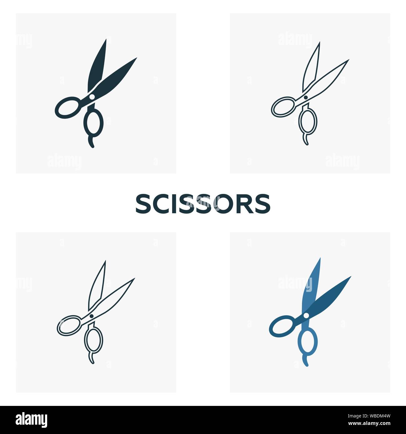Ciseaux icon set. Quatre éléments dans diférents styles de coiffure icons collection. Ciseaux créatifs rempli d'icônes de couleur, contours, et télévision Illustration de Vecteur