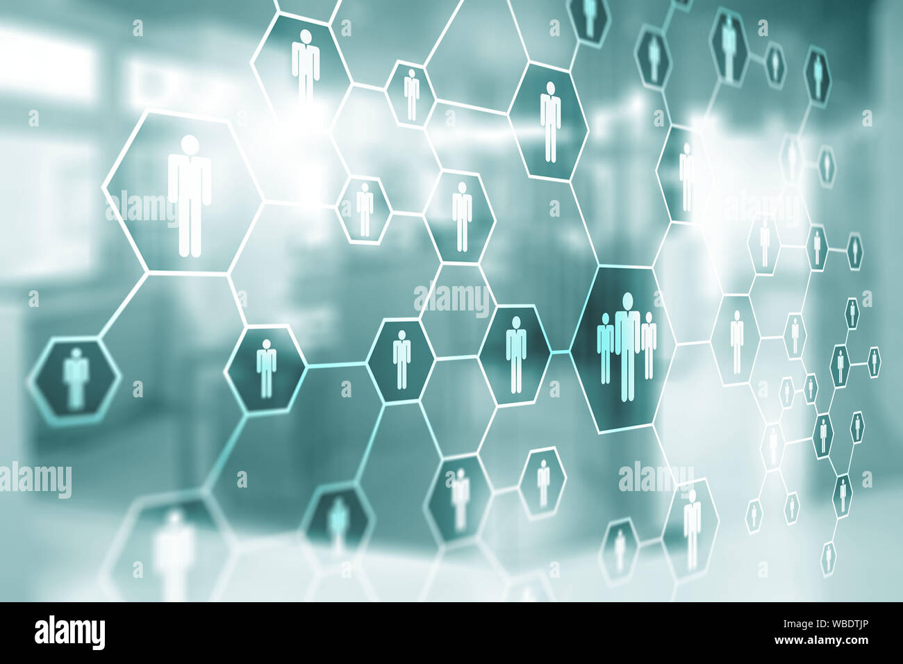 Les gens du réseau social d'icônes. Des ressources humaines RH sur fond de bureau floue. Fond d'universel. Banque D'Images
