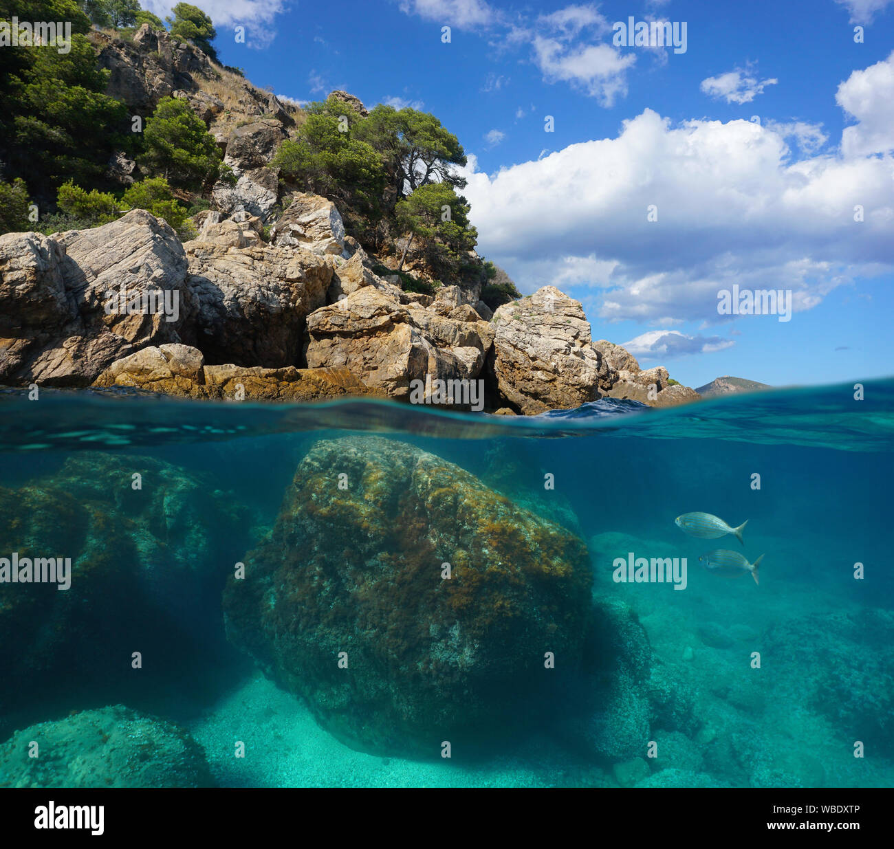 Côte Rocheuse, fractionnée sur et sous la surface de l'eau, mer Méditerranée, Espagne, Costa Brava, Roses, Catalogne Banque D'Images