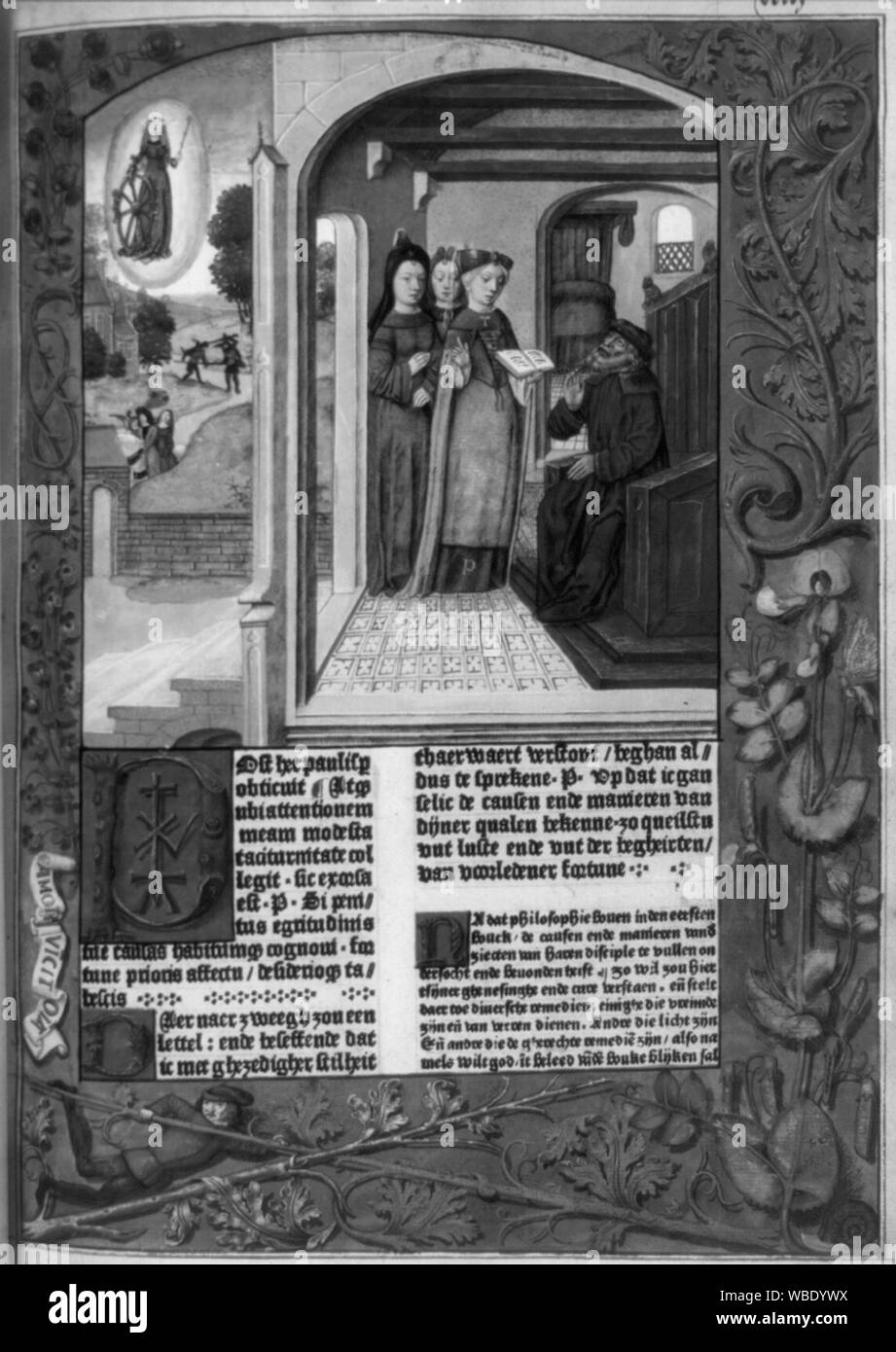 Quatre exemples de 15e c. daily live à partir du texte de Boëthius, De consolatione philosphiae. Le néerlandais et le latin. Gand, Arend de Kaysere, 3 mai 1485 Résumé/moyenne : 1 print. Banque D'Images