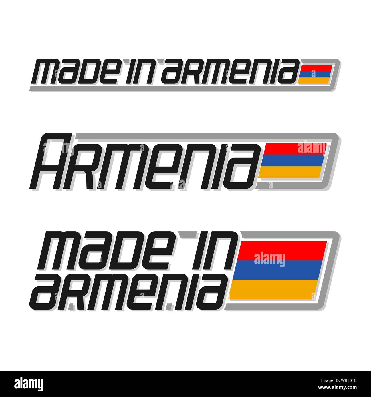 Vector illustration du logo pour "fabriqué en Arménie", composé de trois pavillons isolés de dessins à l'Armenian National drapeau d'Etat et de l'Arménie le texte w Illustration de Vecteur