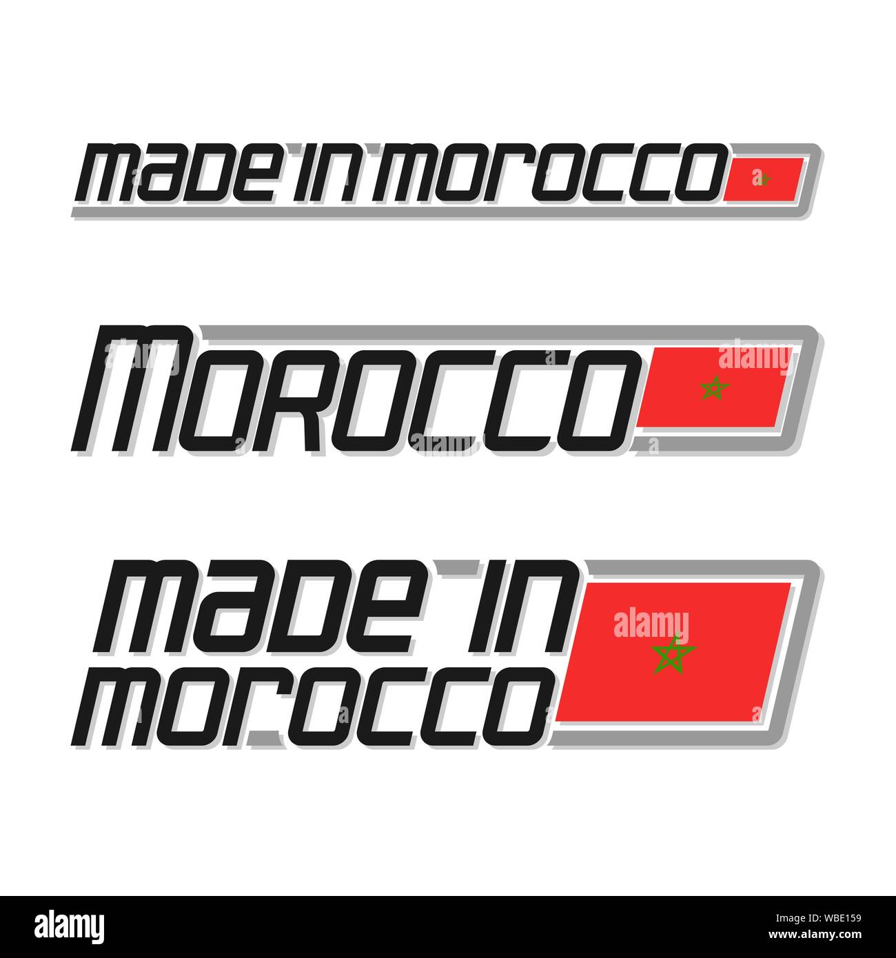 Illustration vectorielle du logo "made in Maroc", trois drapeaux d'état nationaux africains isolés et Maroc texte sur fond blanc. Illustration de Vecteur