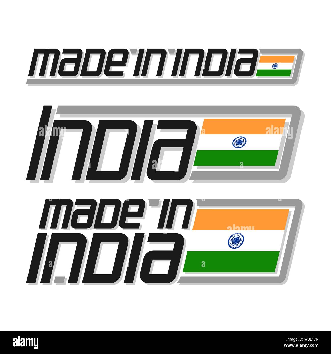 Illustration vectorielle du logo "made in India", trois indiens isolés de l'état national et du pavillon de l'Inde sur texte blanc. Illustration de Vecteur