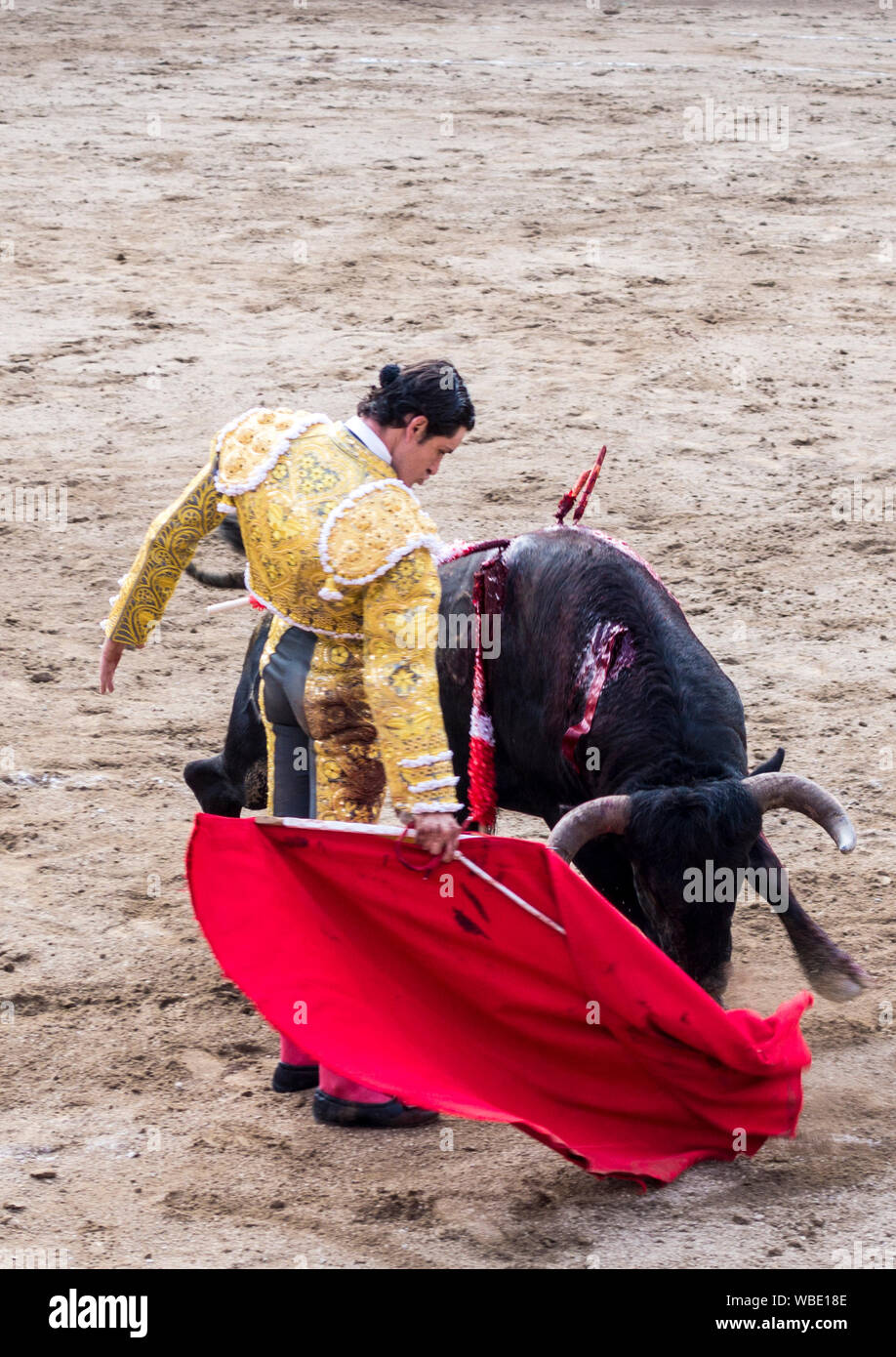 Ambato, ÉQUATEUR - Dec 15, 2015 - torero à pied duels avec Bull au cours de Carnaval Banque D'Images