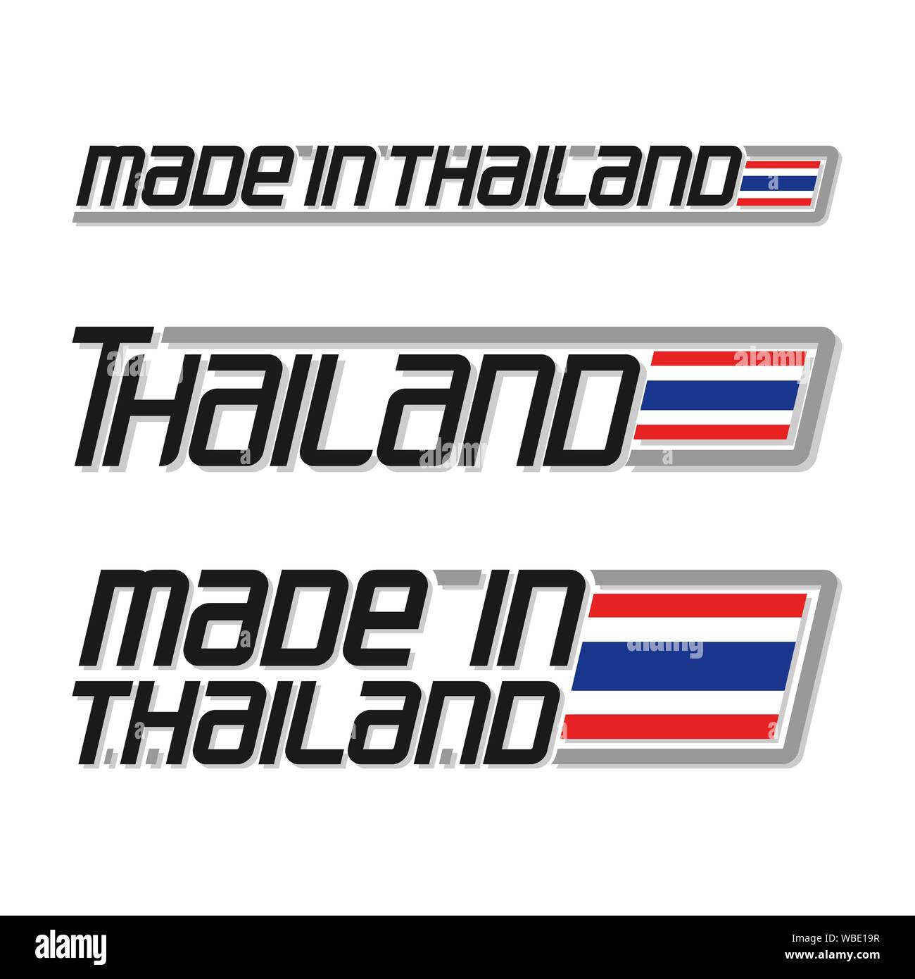 Logo d'illustration vectorielle "made in Thailand", trois thaïlandais isolé de l'état national et du pavillon de la Thaïlande sur texte blanc. Illustration de Vecteur