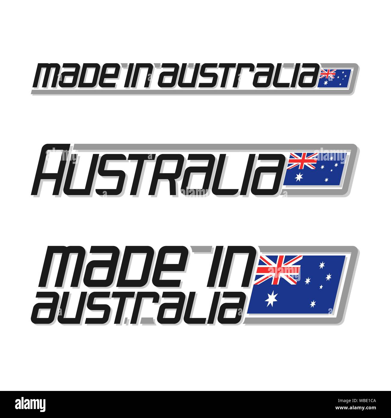 Vector illustration "fabriqué en Australie", ensemble d'état national australien isolé et drapeau australie texte sur blanc. Illustration de Vecteur