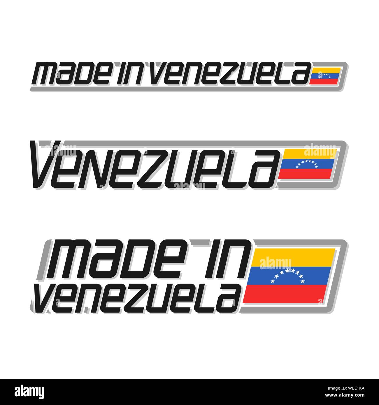 Illustration vectorielle du logo "made in Venezuela', trois drapeaux d'état vénézuélien isolé et le Venezuela texte sur fond blanc. Illustration de Vecteur