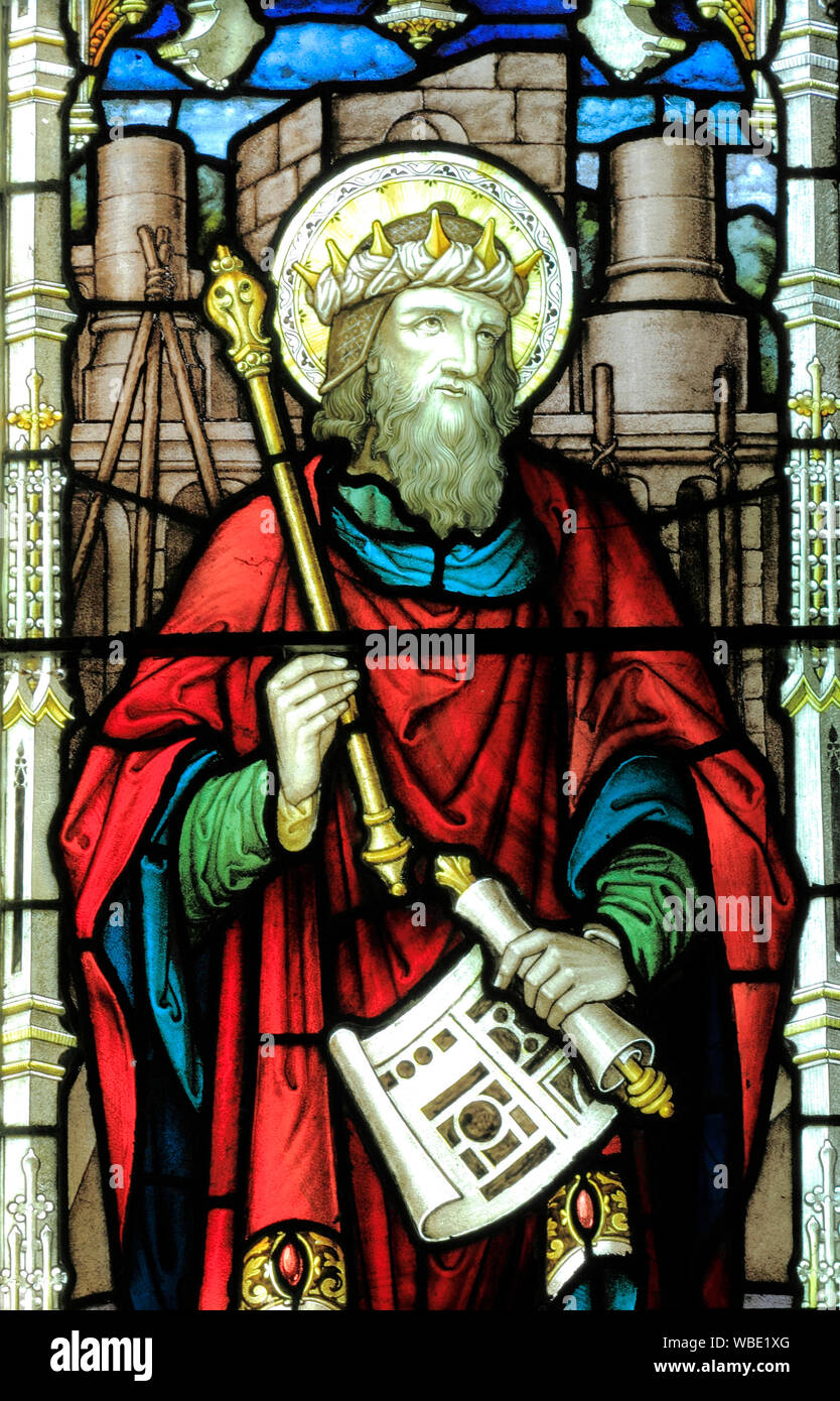 Le roi Salomon, vitrail, détail, par A.L.Moore, 1910, Brinton église, Norfolk, England, UK Banque D'Images