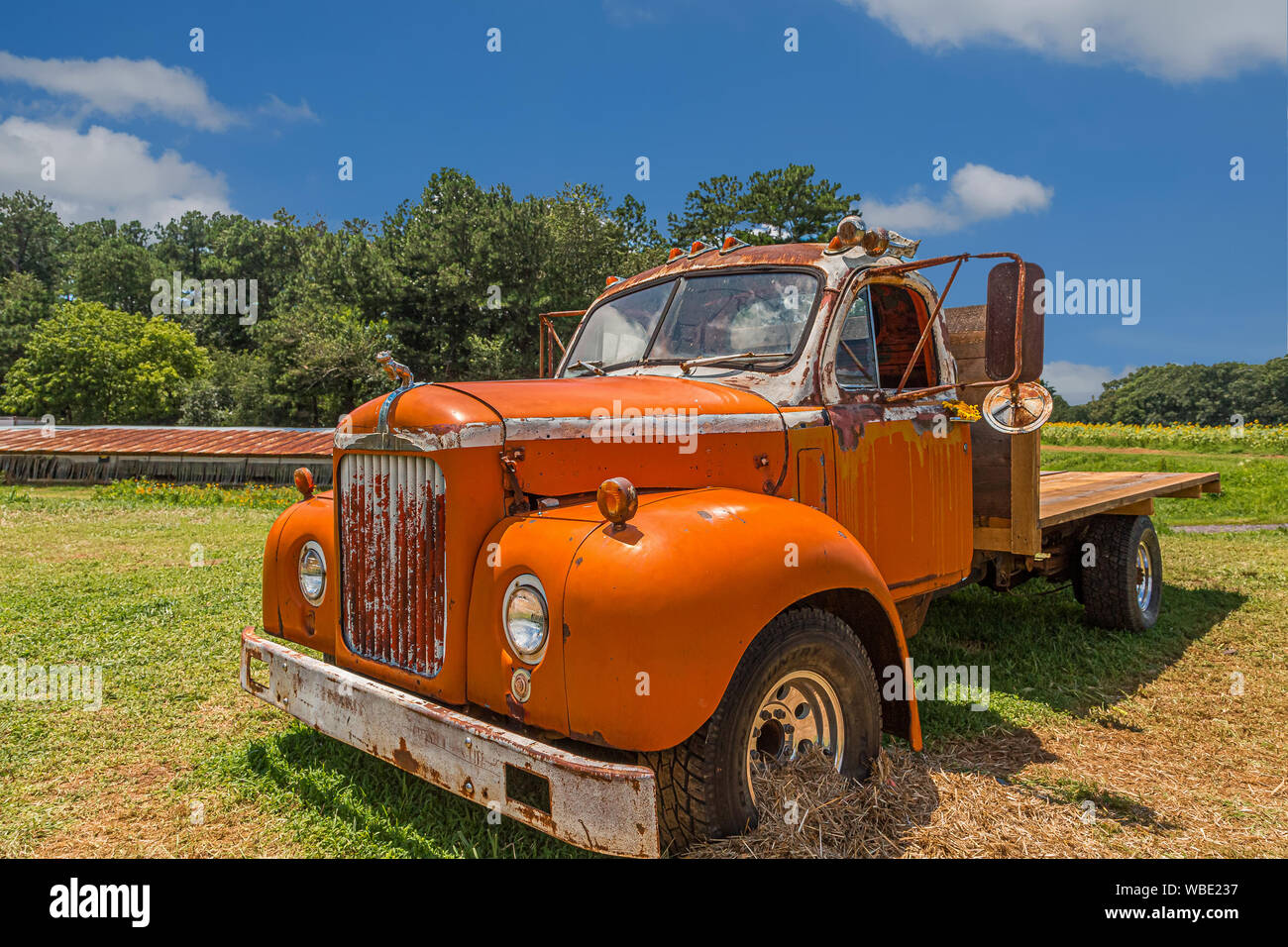 Un vieux camion Mack orange sur une ferme Banque D'Images