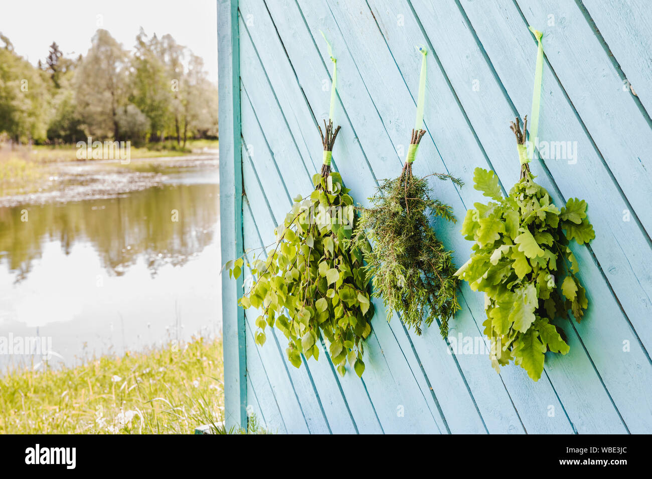 Produits frais, essence : chêne, bouleau, chêne et juniper tree sauna fouets manches pendent et le séchage sur sauna maison wall par beau lac naturel. Sauna Traditionnel finlandais Banque D'Images