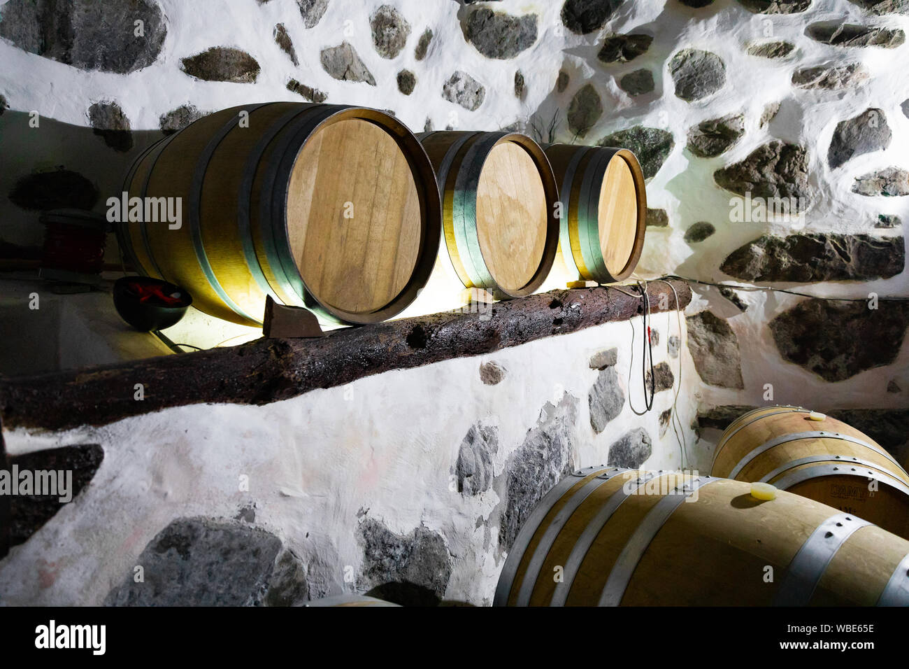 Fûts de chêne en bois en cave à vin cellier Banque D'Images